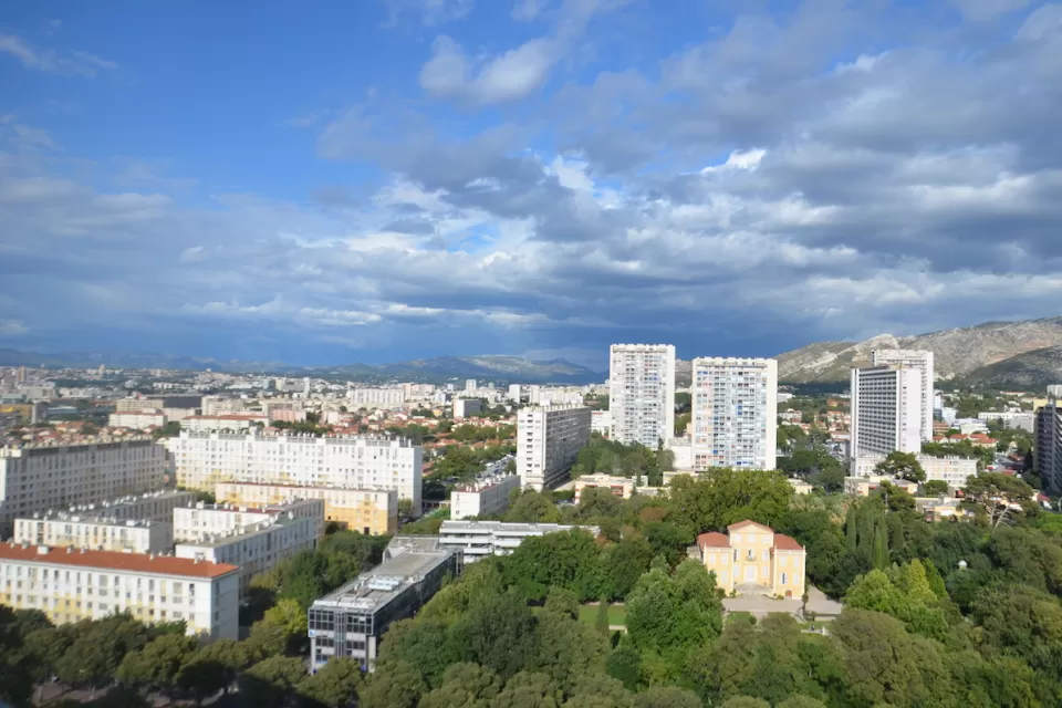 Aerial view of Le Corbusier-designed Cité Radieuse in Marseilles, France.